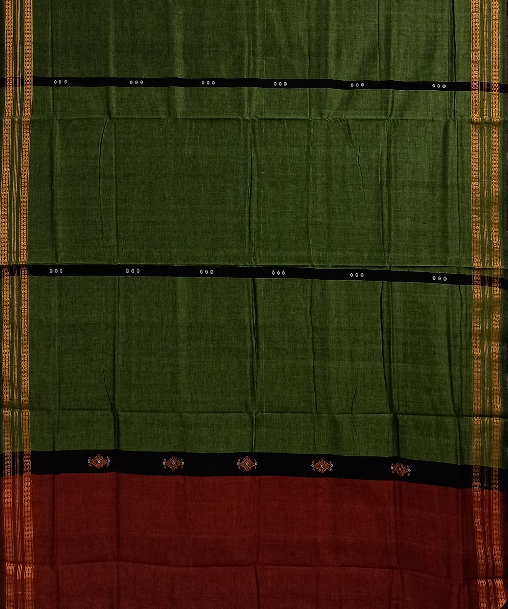 Green Black Bomkai Handwoven Single Ikat Cotton Saree Image 4
