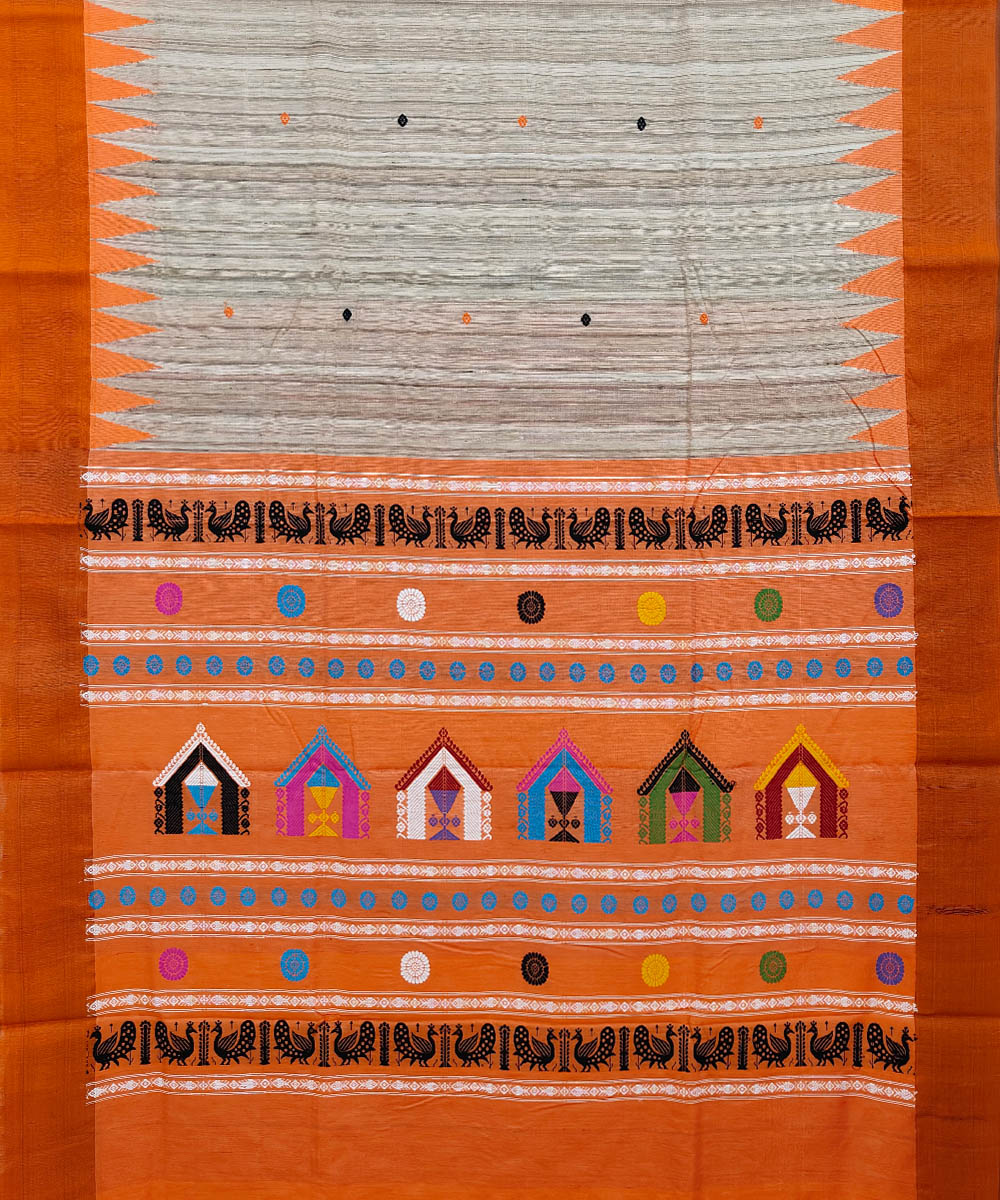 Beige Orange Sambalpuri Handwoven Dolabedi Tussar Silk Saree Image 2