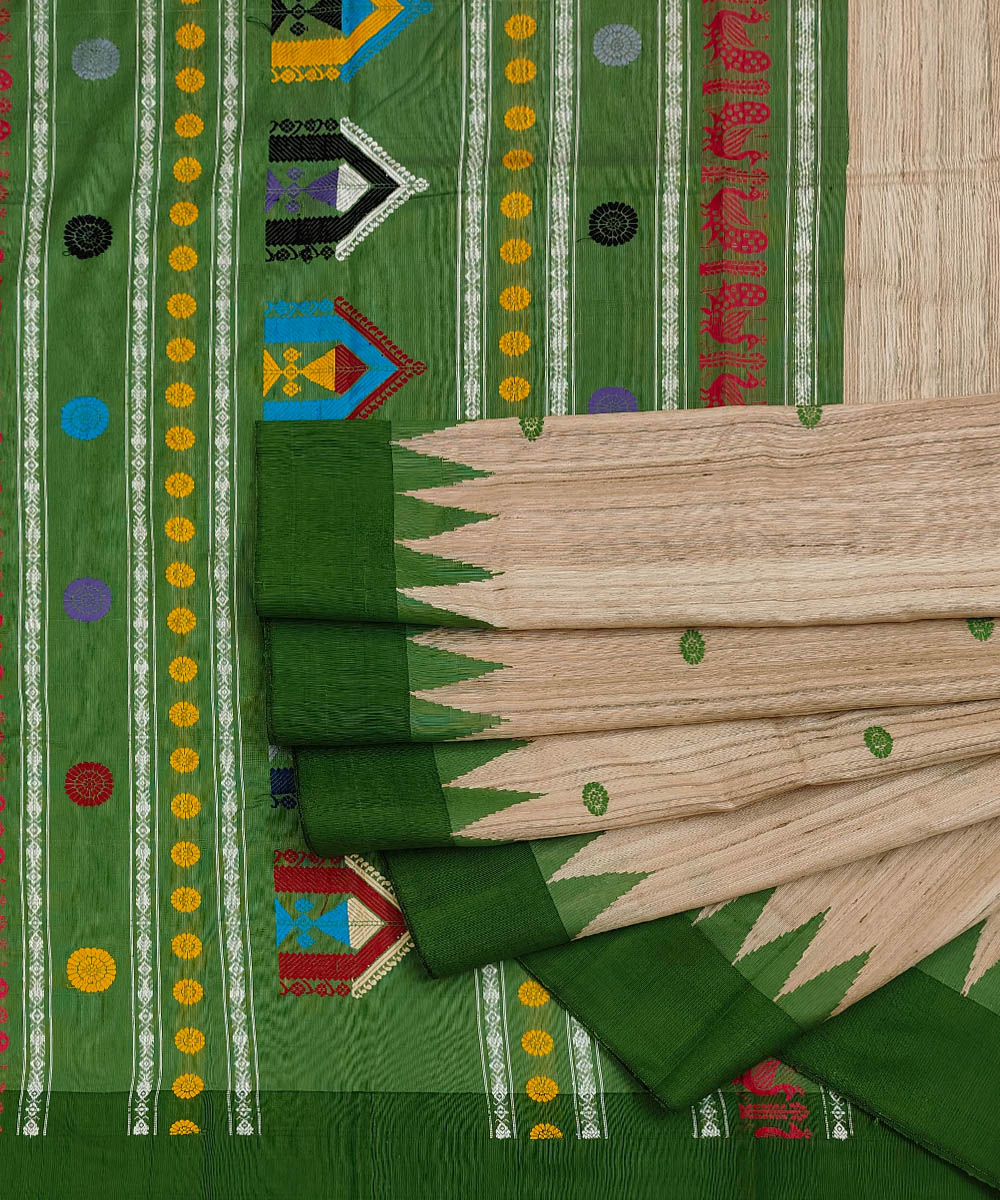 Beige Green Sambalpuri Handwoven Dolabedi Tussar Silk Saree Image 1
