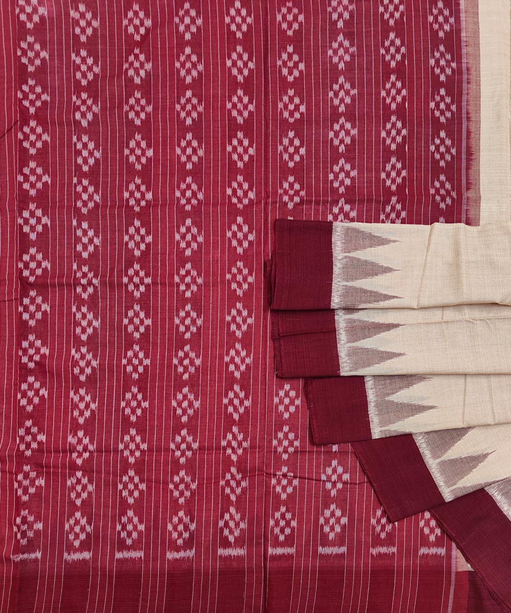 Cream Maroon Nuapatna Handwoven Single Ikat Cotton Saree Image 1
