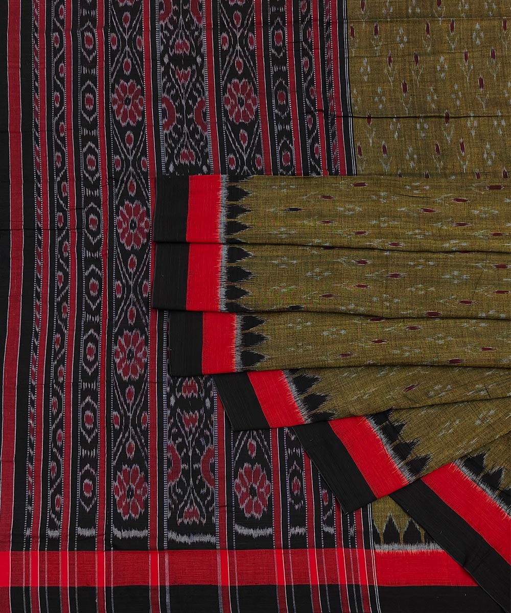 Olive Green Black Nuapatna Handwoven Single Ikat Cotton Saree Image 1