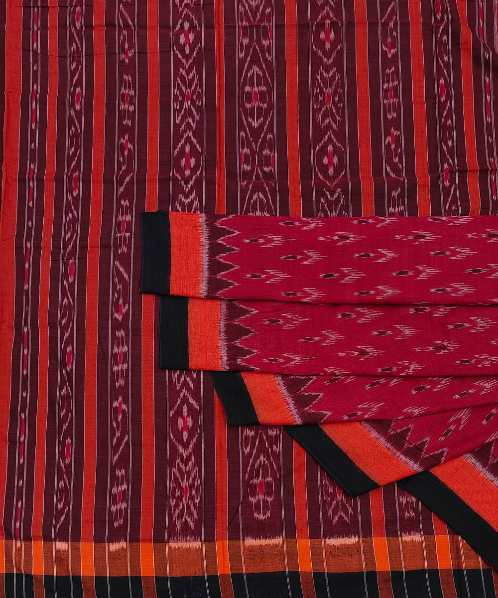 Red Black Nuapatna Handwoven Single Ikat Cotton Saree SFCSAR1183