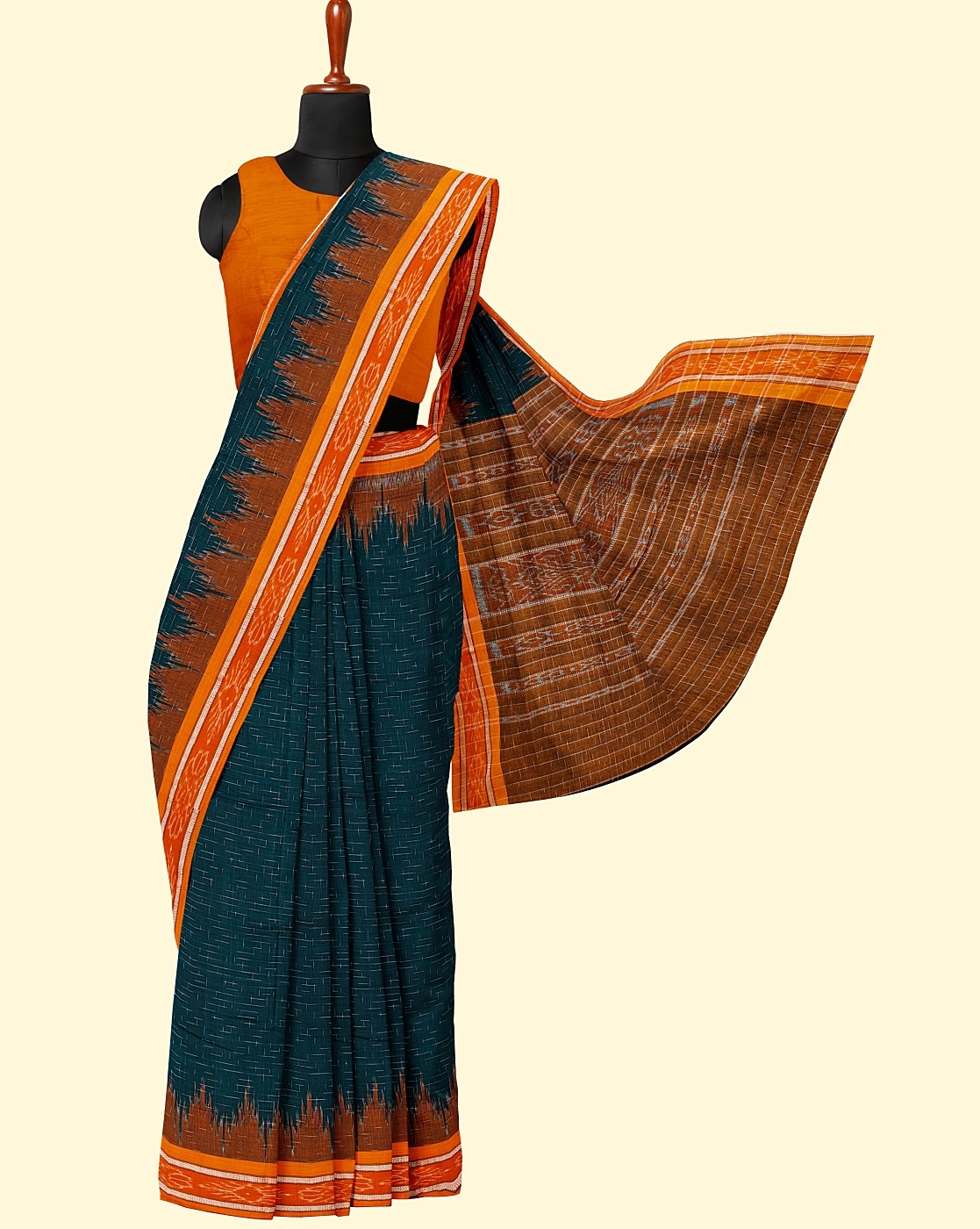 Green Yellow Sambalpuri Handwoven Single Ikat Cotton Saree Image 3