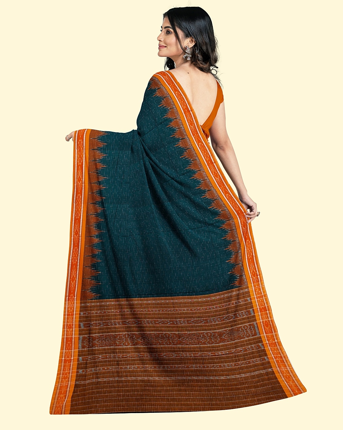 Green Yellow Sambalpuri Handwoven Single Ikat Cotton Saree Image 4