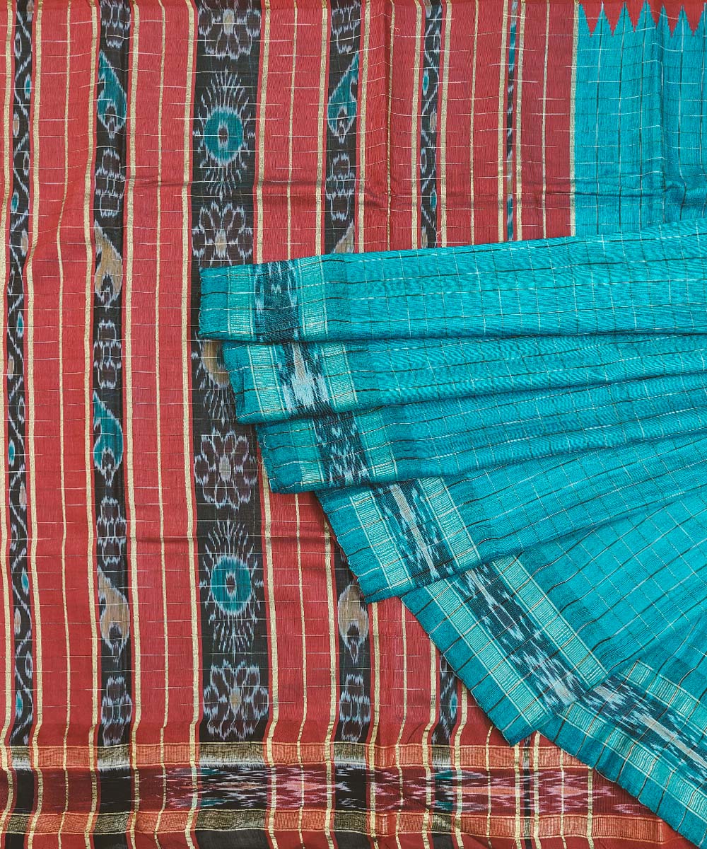 Green Red Sambalpuri Handwoven Ikat Border Tussar Silk Saree SFTSAR1211