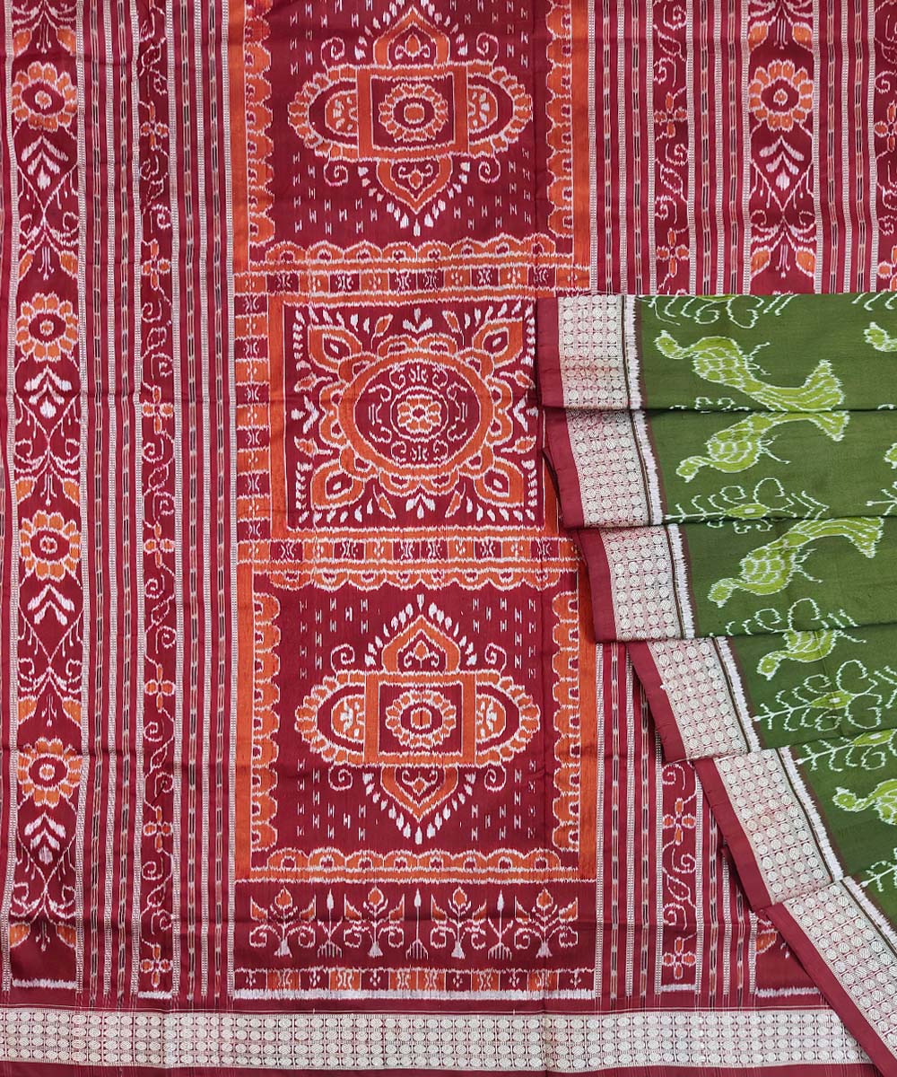Olivegreen Red Sambalpuri Handwoven Silk Saree Image 1