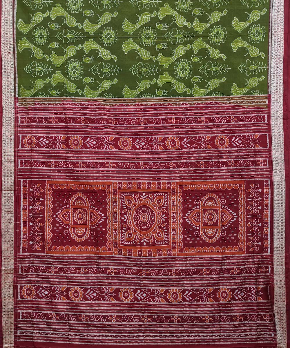 Olivegreen Red Sambalpuri Handwoven Silk Saree Image 2