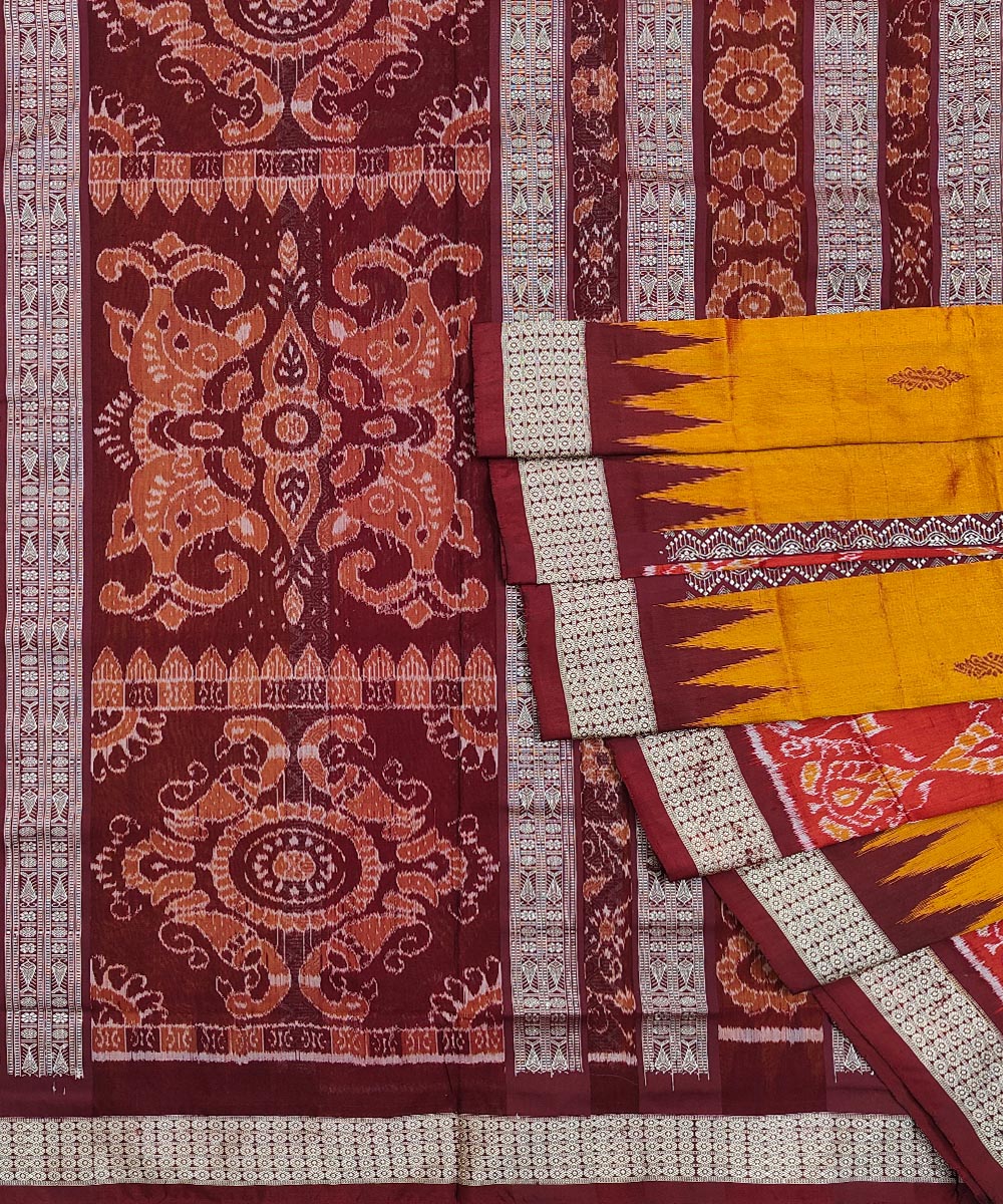Yellow Maroon Handwoven Bomkei Mix Silk Saree Image 1