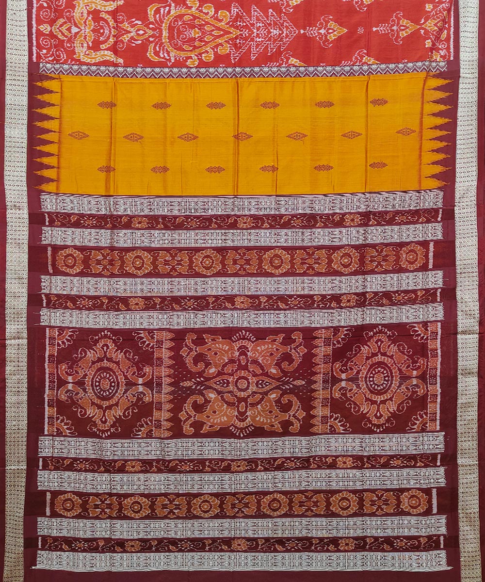 Yellow Maroon Handwoven Bomkei Mix Silk Saree Image 2