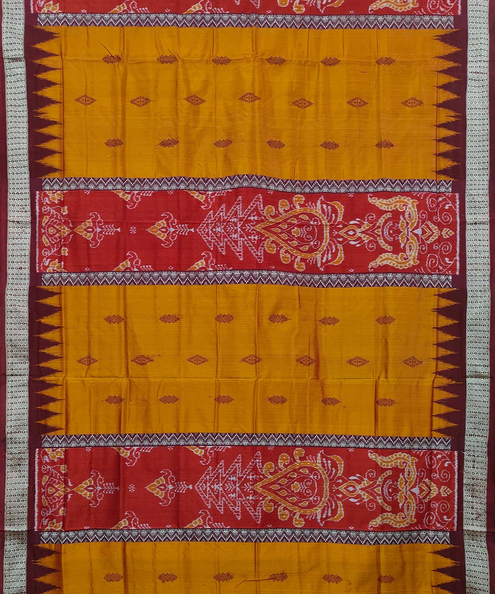 Yellow Maroon Handwoven Bomkei Mix Silk Saree Image 3