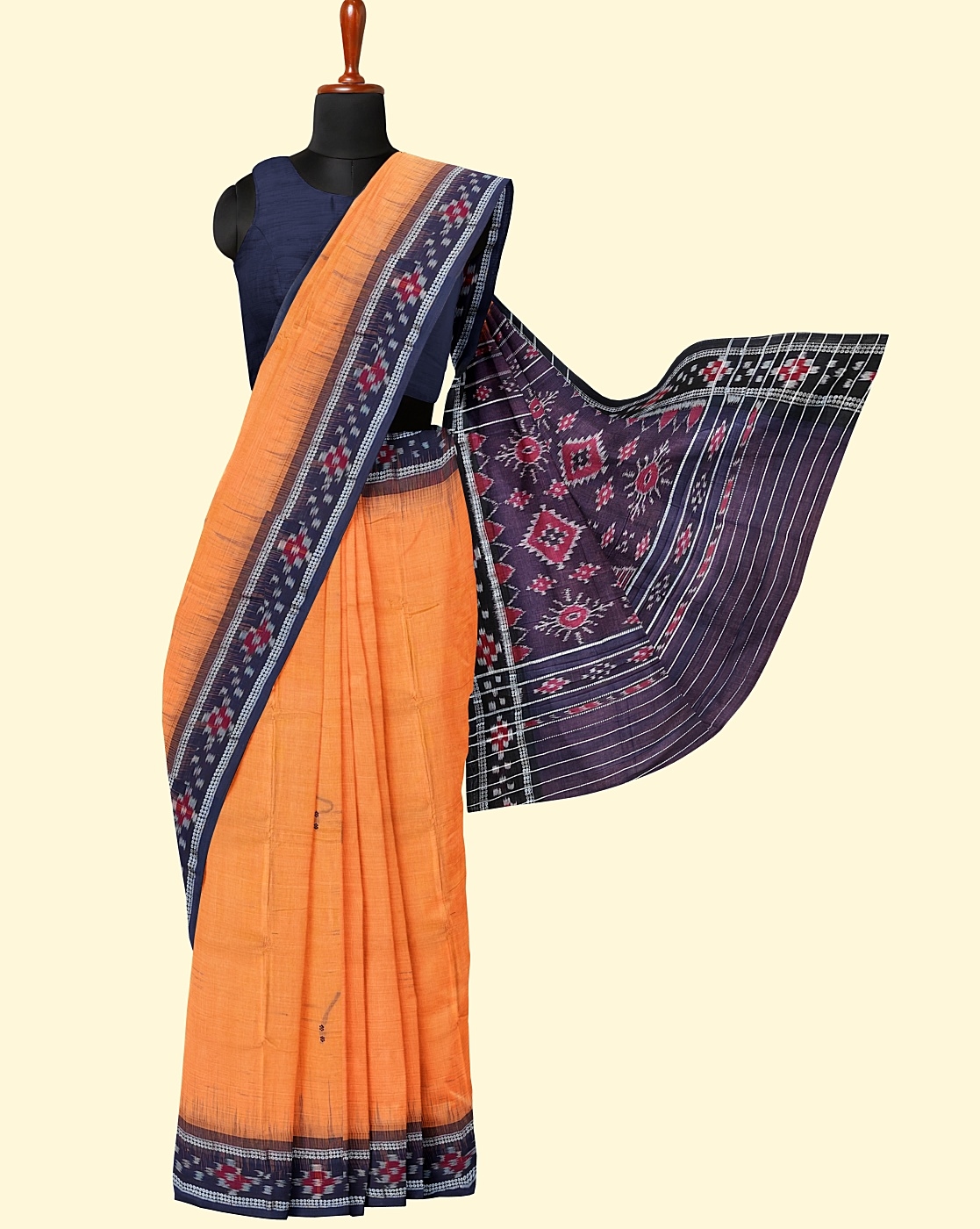 Orange Black Sambalpuri Handwoven Single Ikat Cotton Saree Image 3