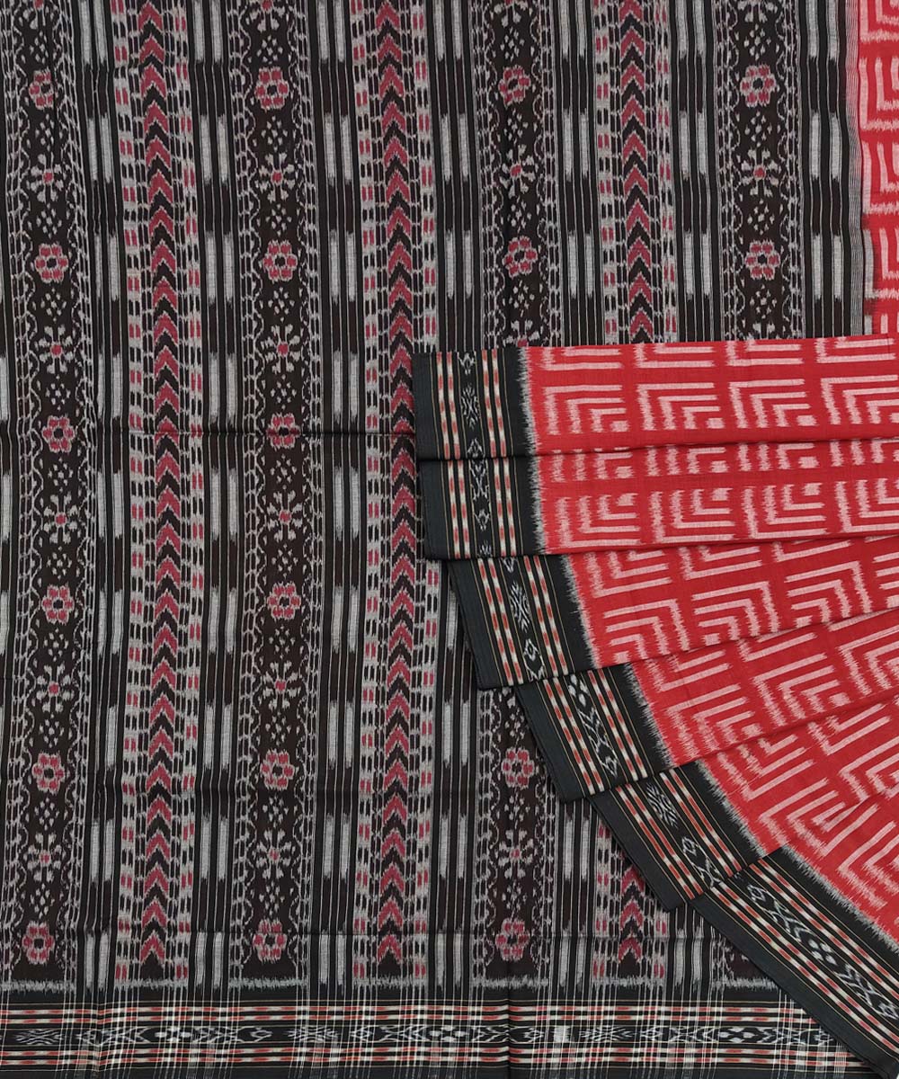 Red Black Sambalpuri Handwoven Single Ikat Cotton Saree Image 1