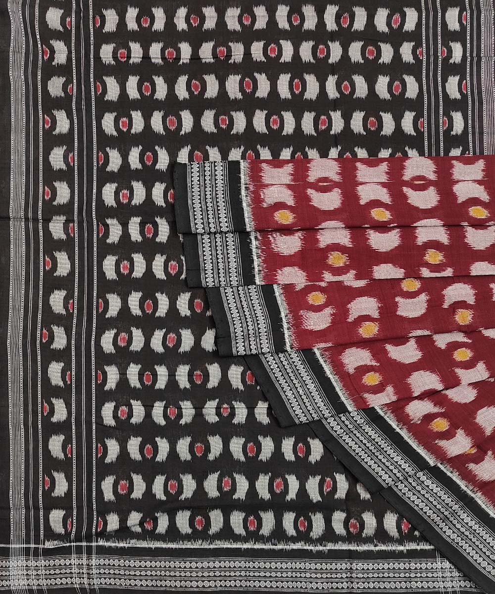 Maroon Black Sambalpuri Handwoven Single Ikat Cotton Saree Image 1