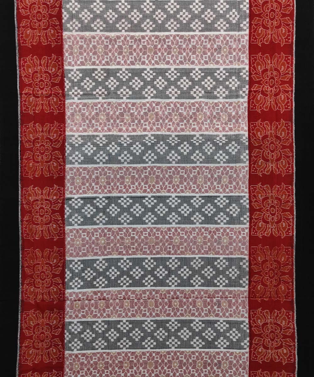 Gray Black Red Sambalpuri Handwoven Single Ikat Cotton Saree Image 3