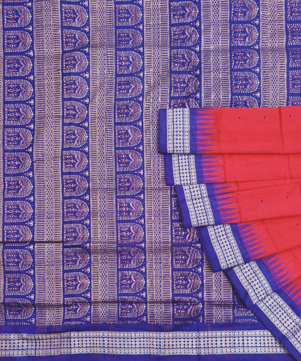 Red Blue Handwoven Bomkei Silk Saree SFSSAR1376