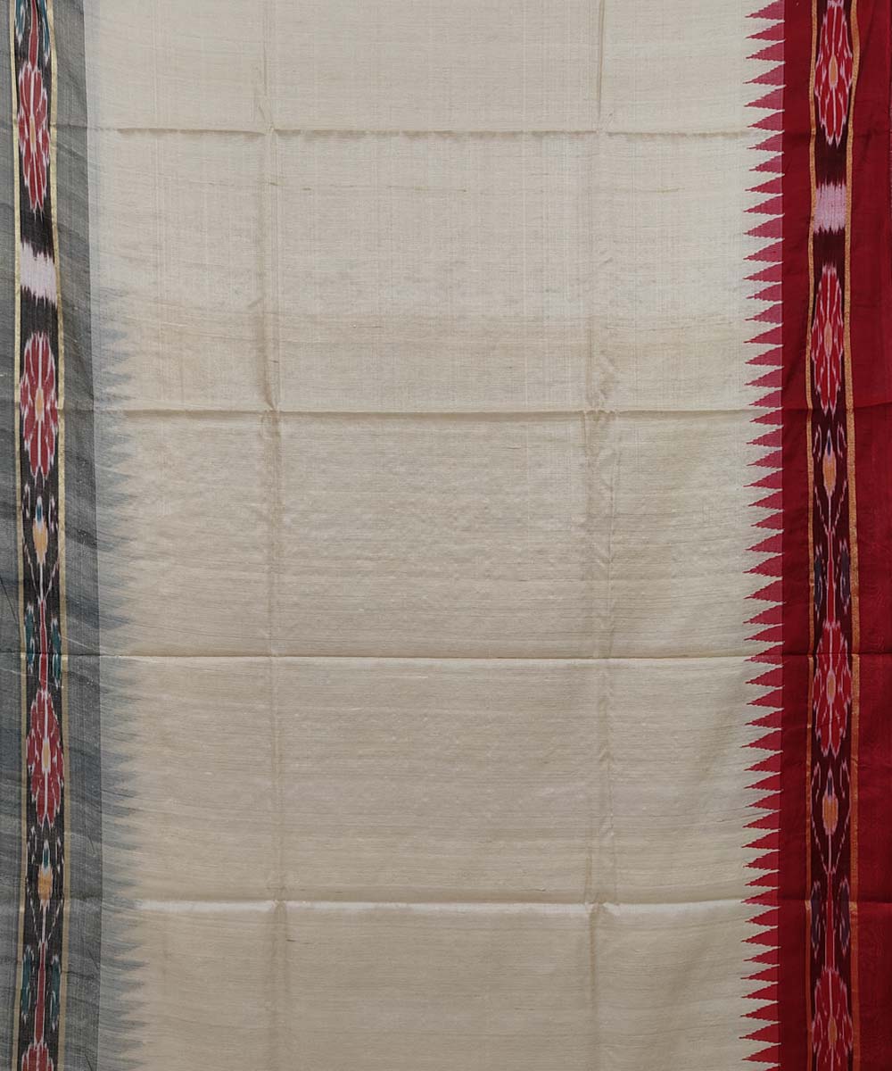 Beige Maroon Sambalpuri Handwoven Ikat Border Tussar Silk Saree Image 3
