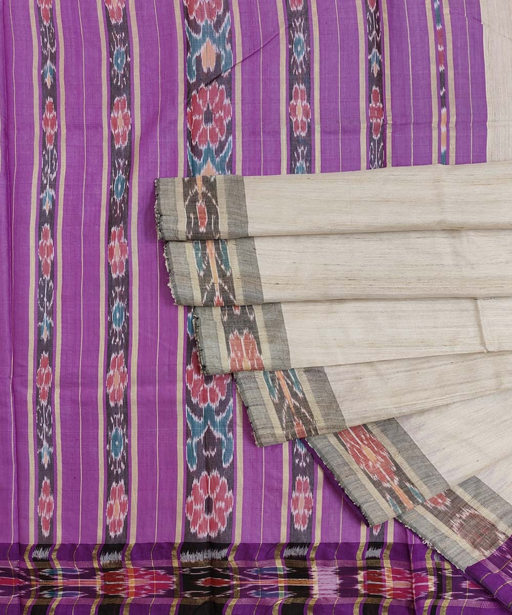 Beige Purple Sambalpuri Handwoven Ikat Border Tussar Silk Saree SFTSAR1393