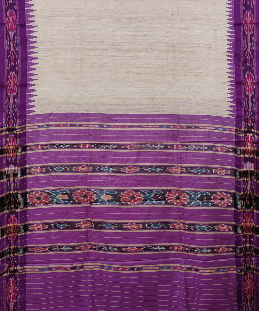 Beige Purple Sambalpuri Handwoven Ikat Border Tussar Silk Saree Image 2