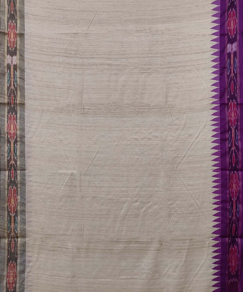 Beige Purple Sambalpuri Handwoven Ikat Border Tussar Silk Saree Image 3