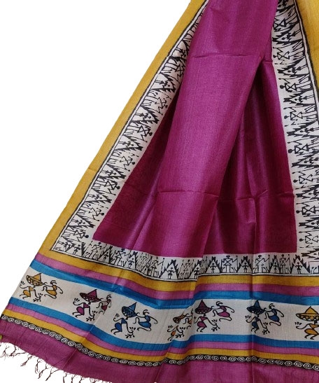 Pink White Handwoven Tussar Silk Dupatta Image 1