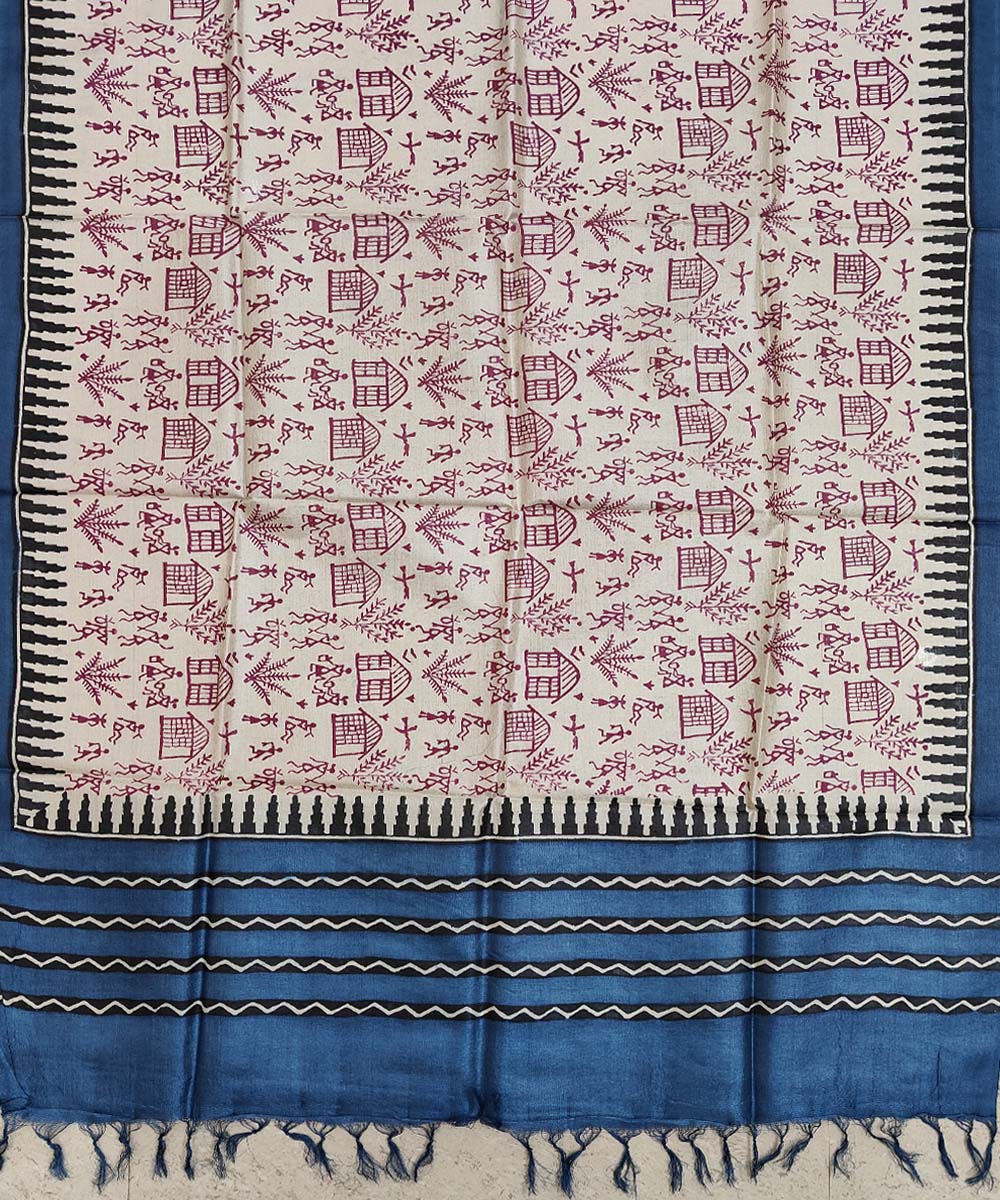 Beige Blue Handwoven Tussar Silk Dupatta Image 2