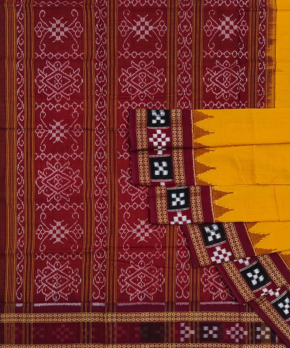 Yellow Red Sambalpuri Handwoven Single Ikat Cotton Saree SFCSAR1479