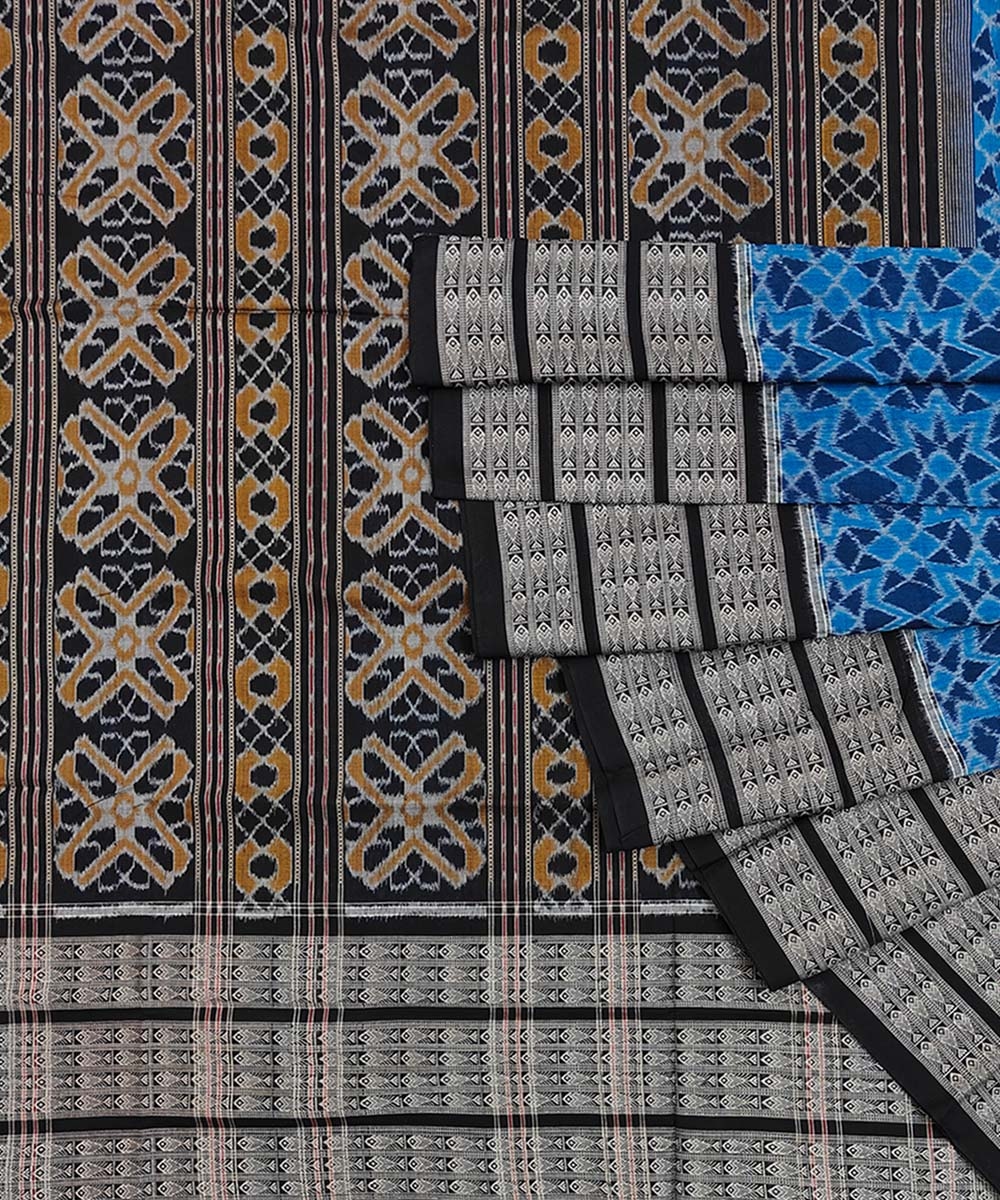 Blue Black Sambalpuri Handwoven Single Ikat Cotton Saree SFCSAR1480