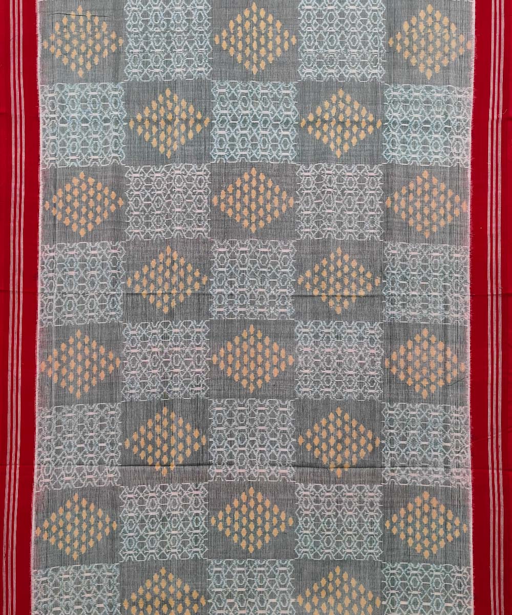 Gray Red Sambalpuri Handwoven Single Ikat Cotton Saree Image 3