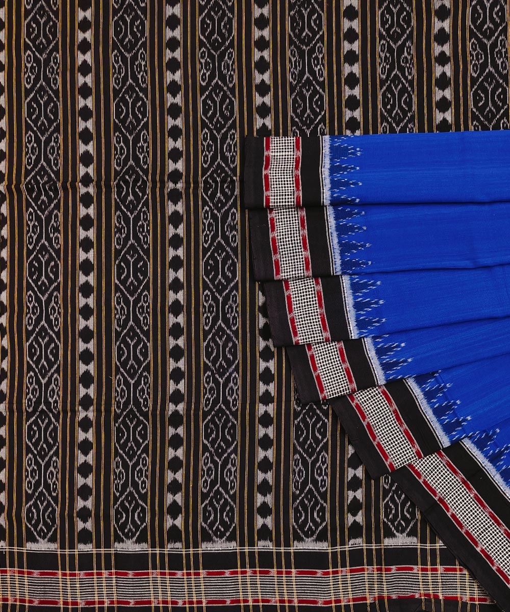 Blue Black Sambalpuri Handwoven Single Ikat Cotton Saree SFCSAR1485