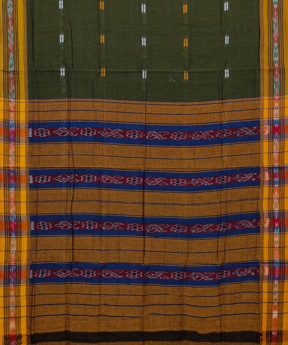 Olive Sambalpuri Handwoven Single Ikat Cotton Saree Image 2