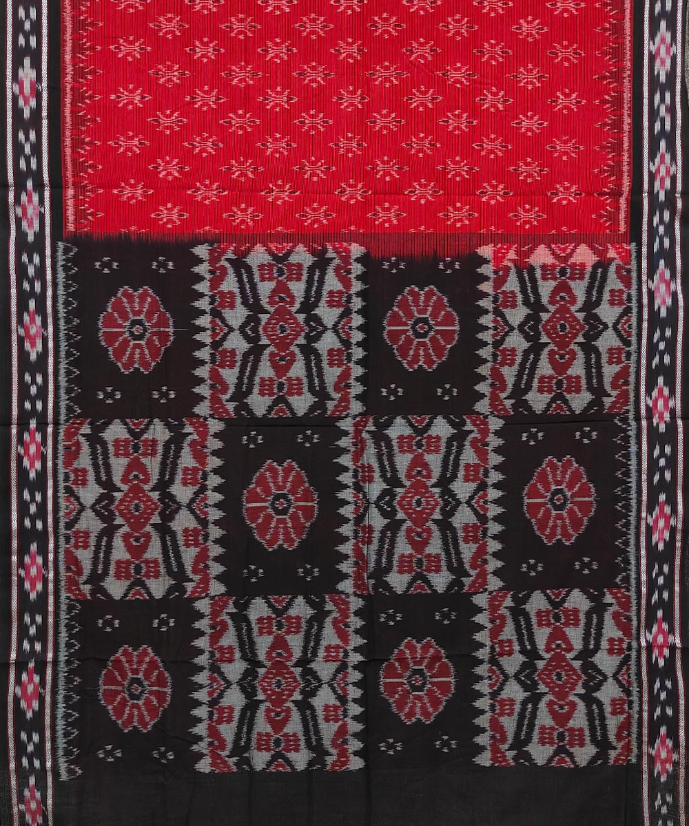 Red Black Sambalpuri Handwoven Single Ikat Cotton Saree Image 2