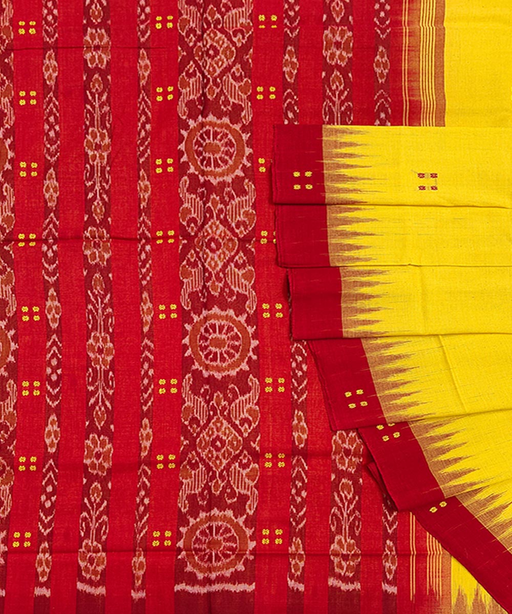 Yellow Red Sambalpuri Handwoven Single Ikat Cotton Saree Image 1