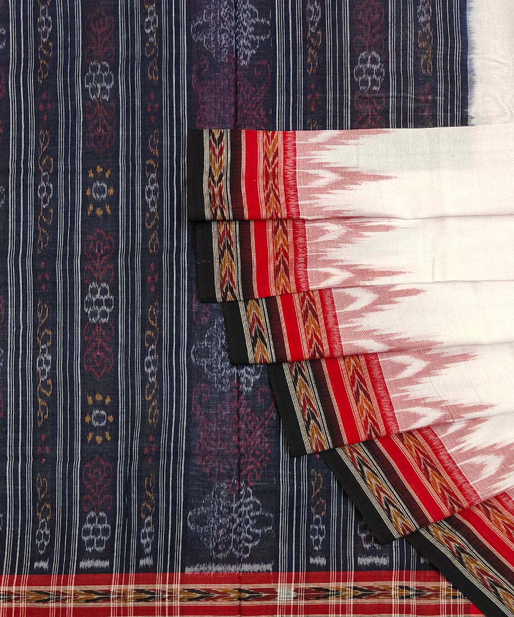 White Black Sambalpuri Handwoven Single Ikat Cotton Saree Image 1