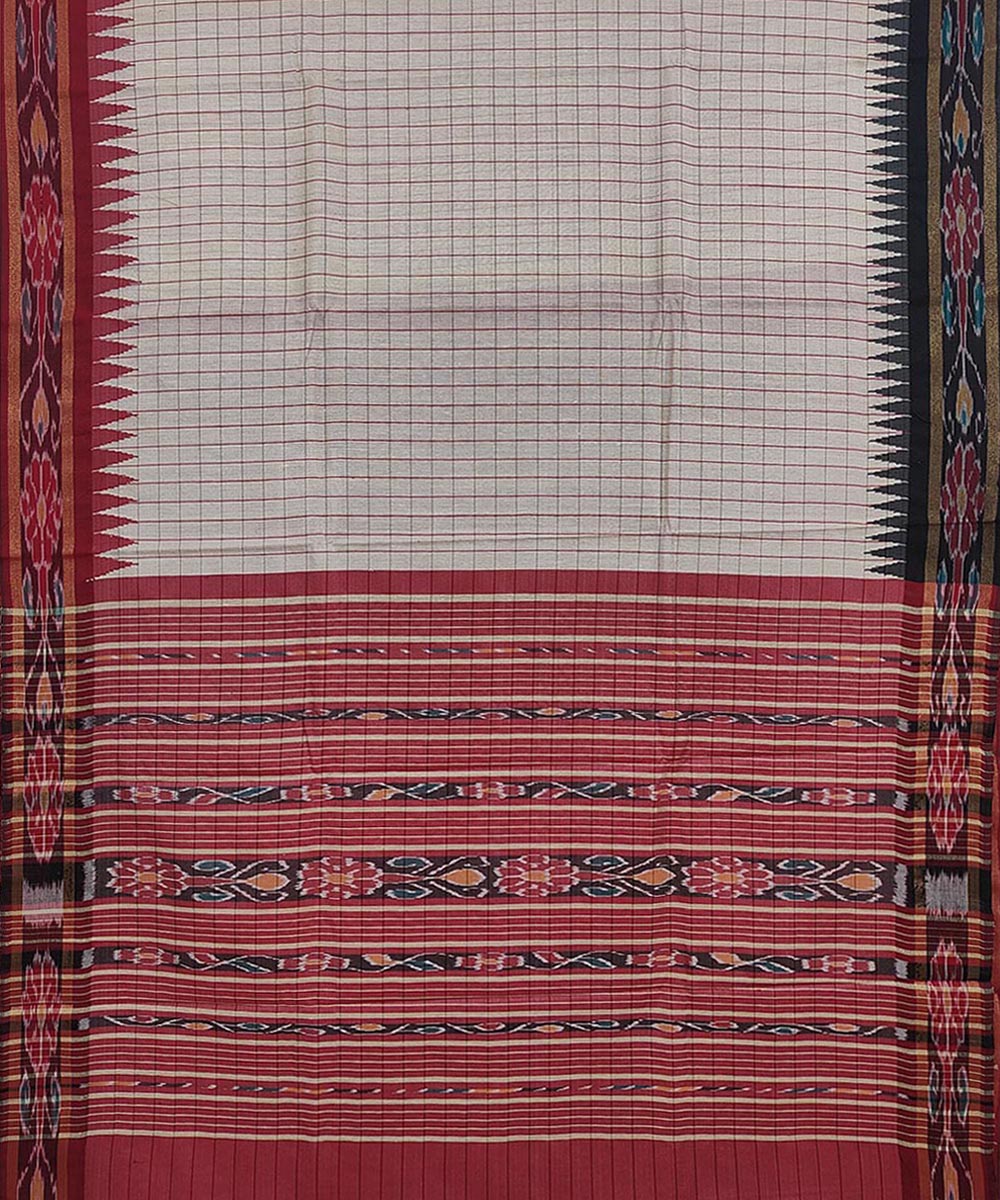 Beige Red Sambalpuri Handwoven Ikat Border Tussar Silk Saree Image 3