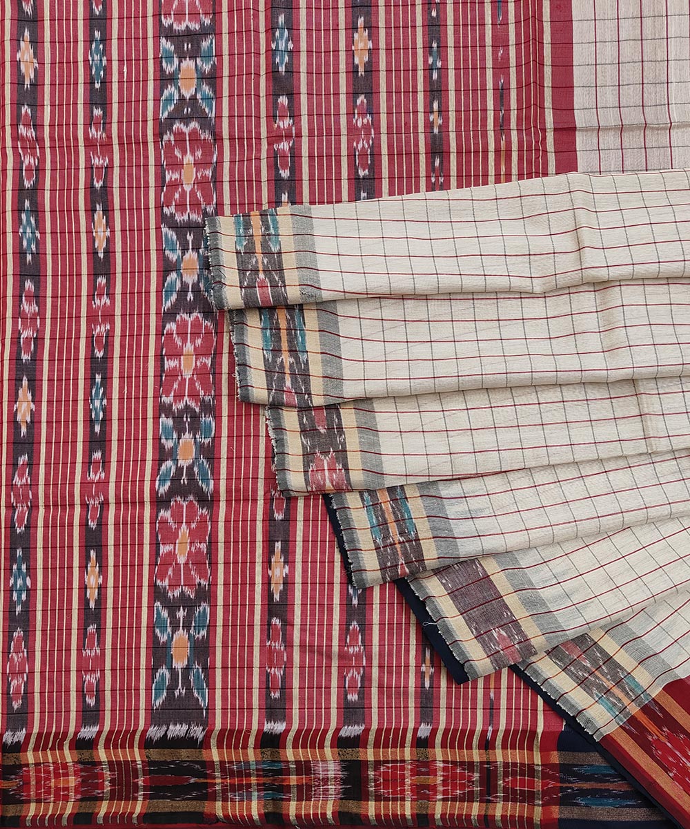 Beige Red Sambalpuri Handwoven Ikat Border Tussar Silk Saree SFTSAR1512
