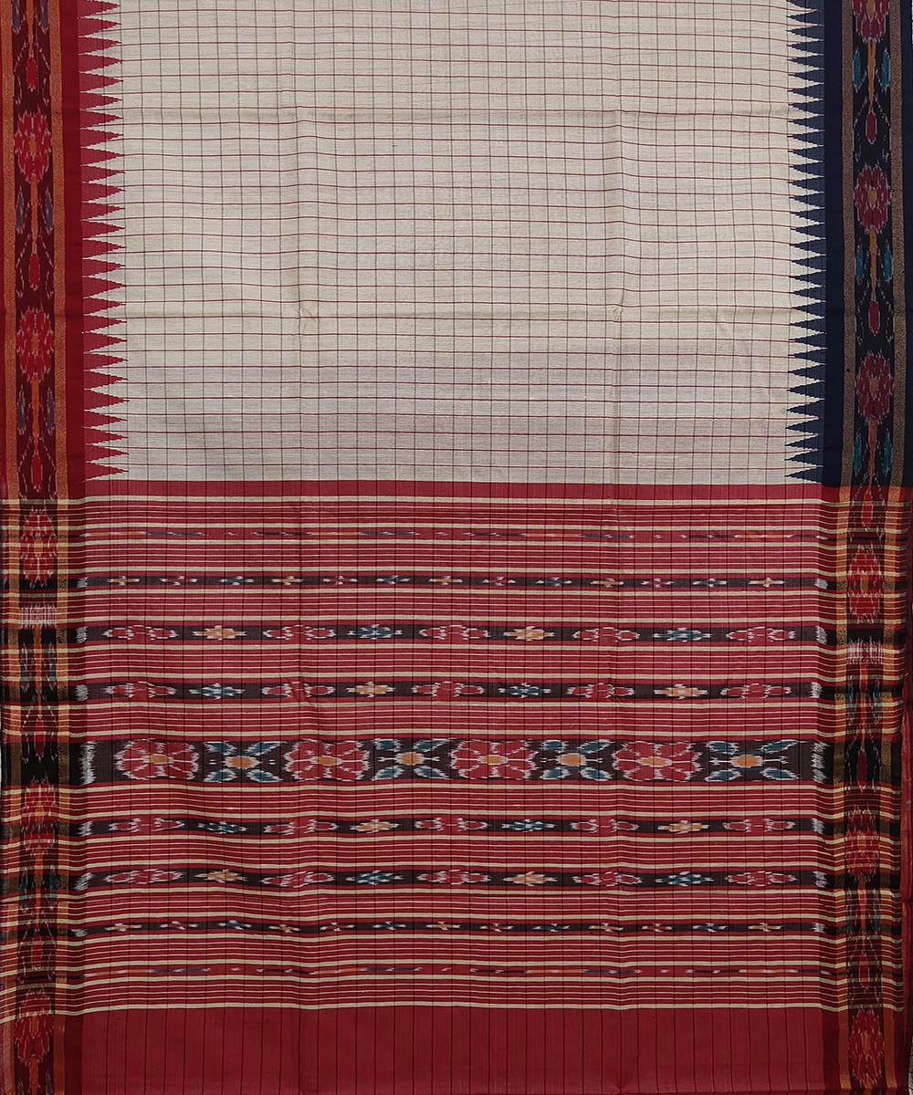 Beige Red Sambalpuri Handwoven Ikat Border Tussar Silk Saree Image 3