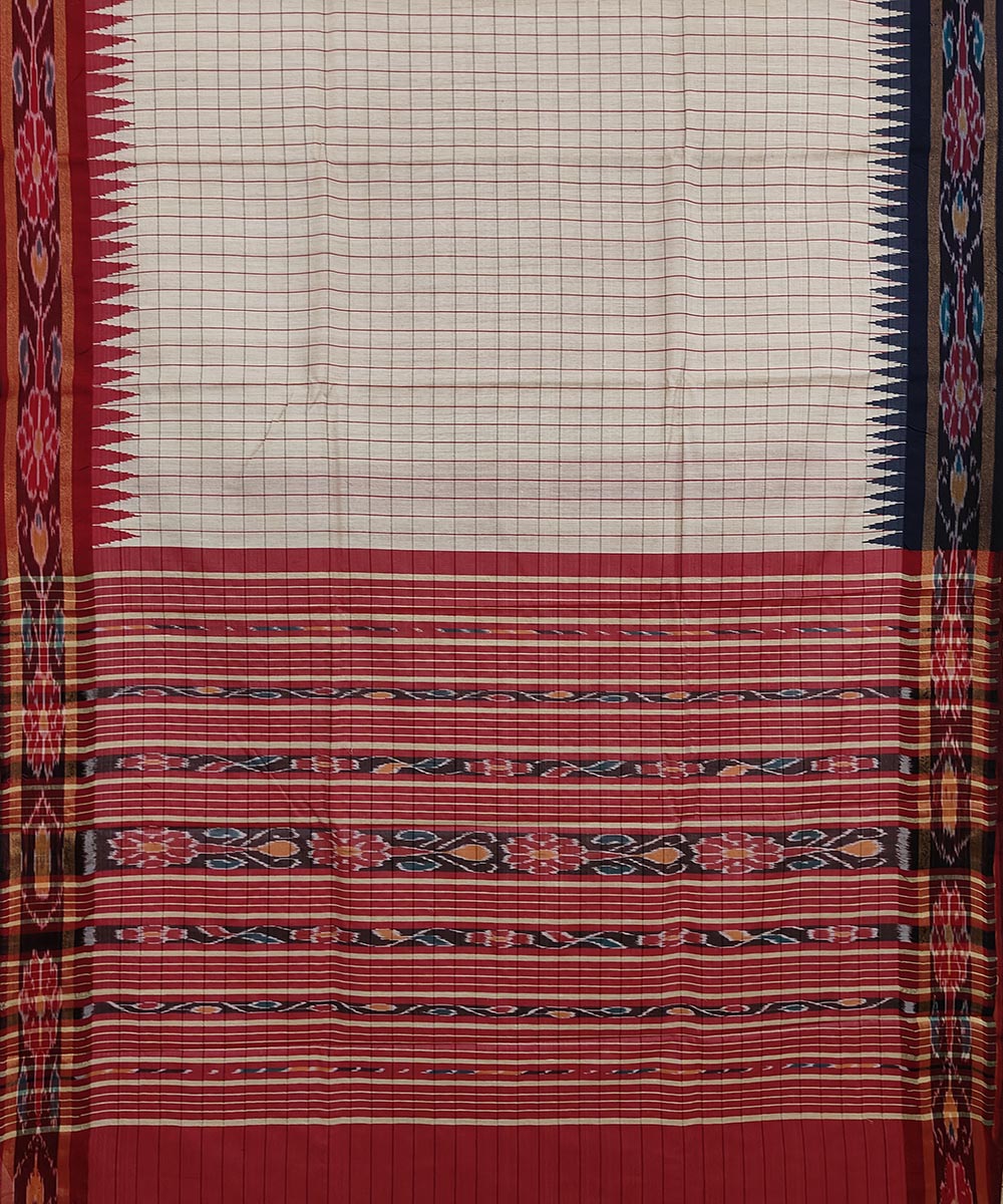 Beige Red Sambalpuri Handwoven Ikat Border Tussar Silk Saree Image 3