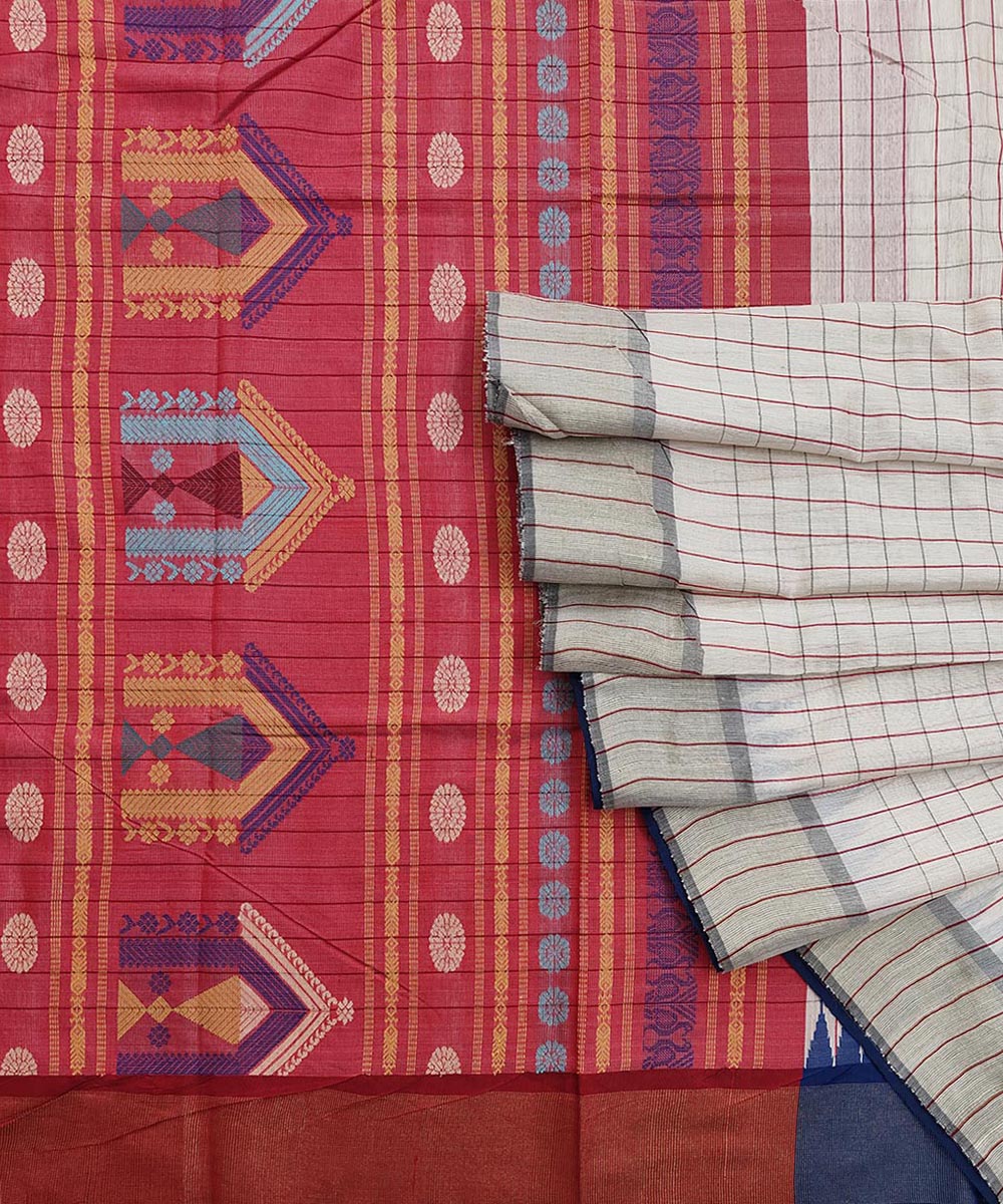 Beige Maroon Sambalpuri Handwoven Dolabedi Tussar Silk Saree Image 1