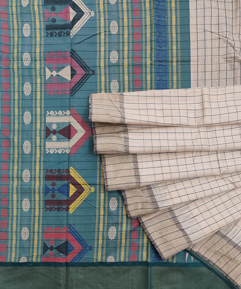 Beige Green Sambalpuri Handwoven Dolabedi Tussar Silk Saree SFTSAR1518