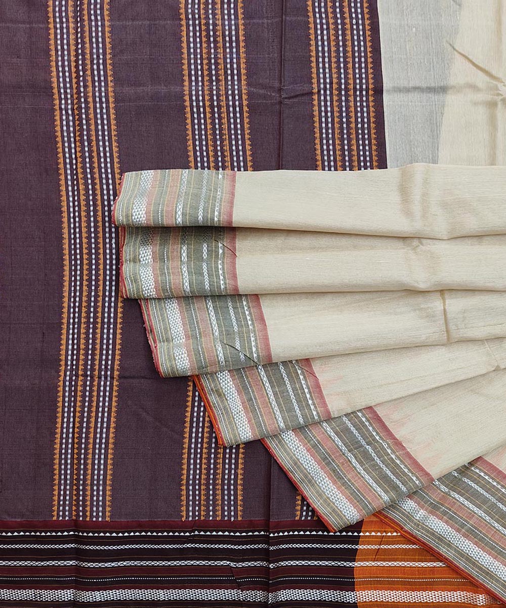 Beige Black Sambalpuri Handwoven Wide Border Vidarbha Tussar Silk Saree SFTSAR1520