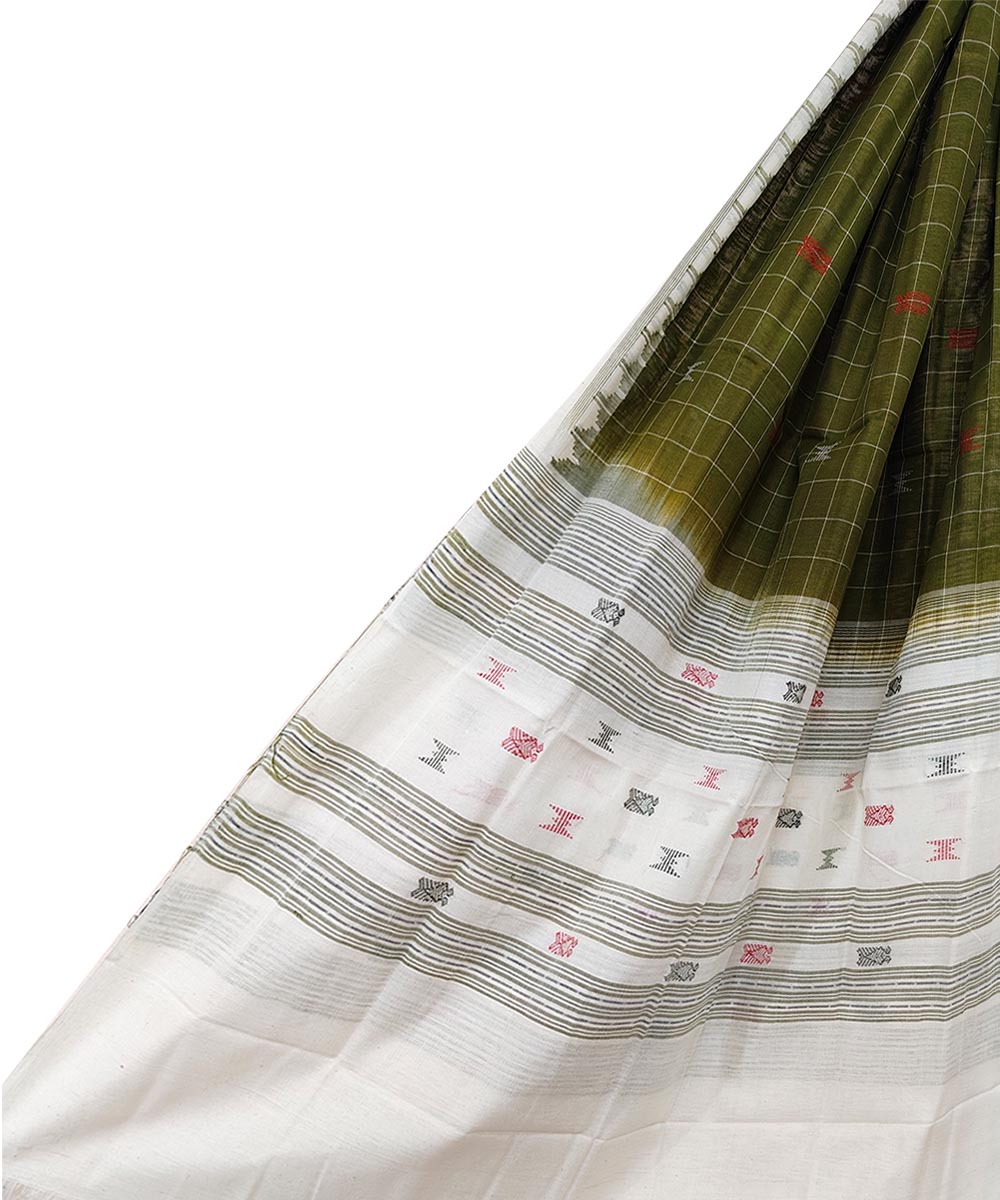 Olive White Sambalpuri Handwoven Single Ikat Cotton Dupatta SFCDUP1684