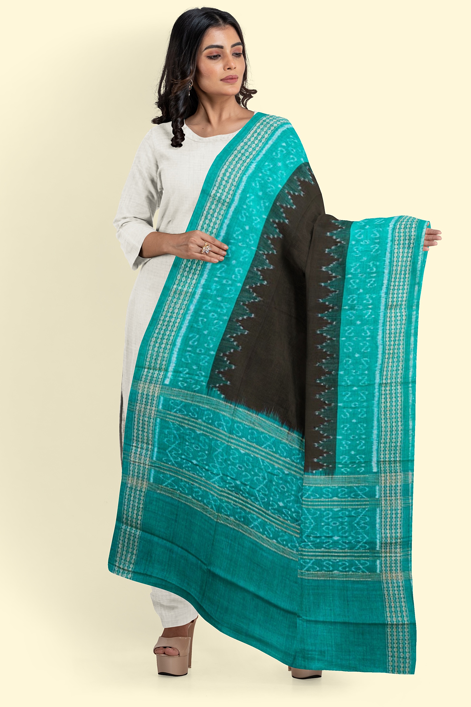 Black Green Sambalpuri Handwoven Single Ikat Cotton Dupatta Image 1