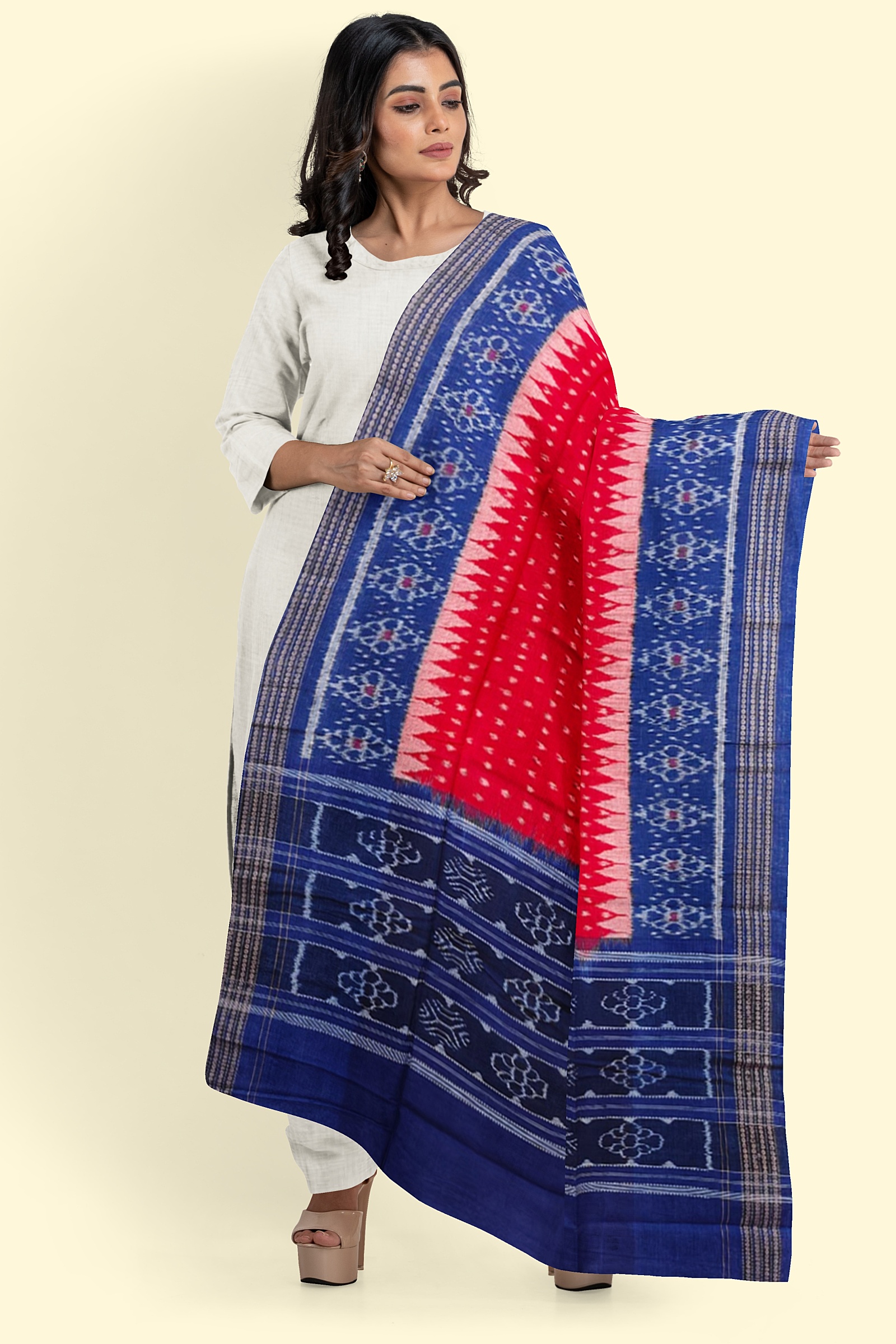 Red Blue Sambalpuri Handwoven Single Ikat Cotton Dupatta Image 1