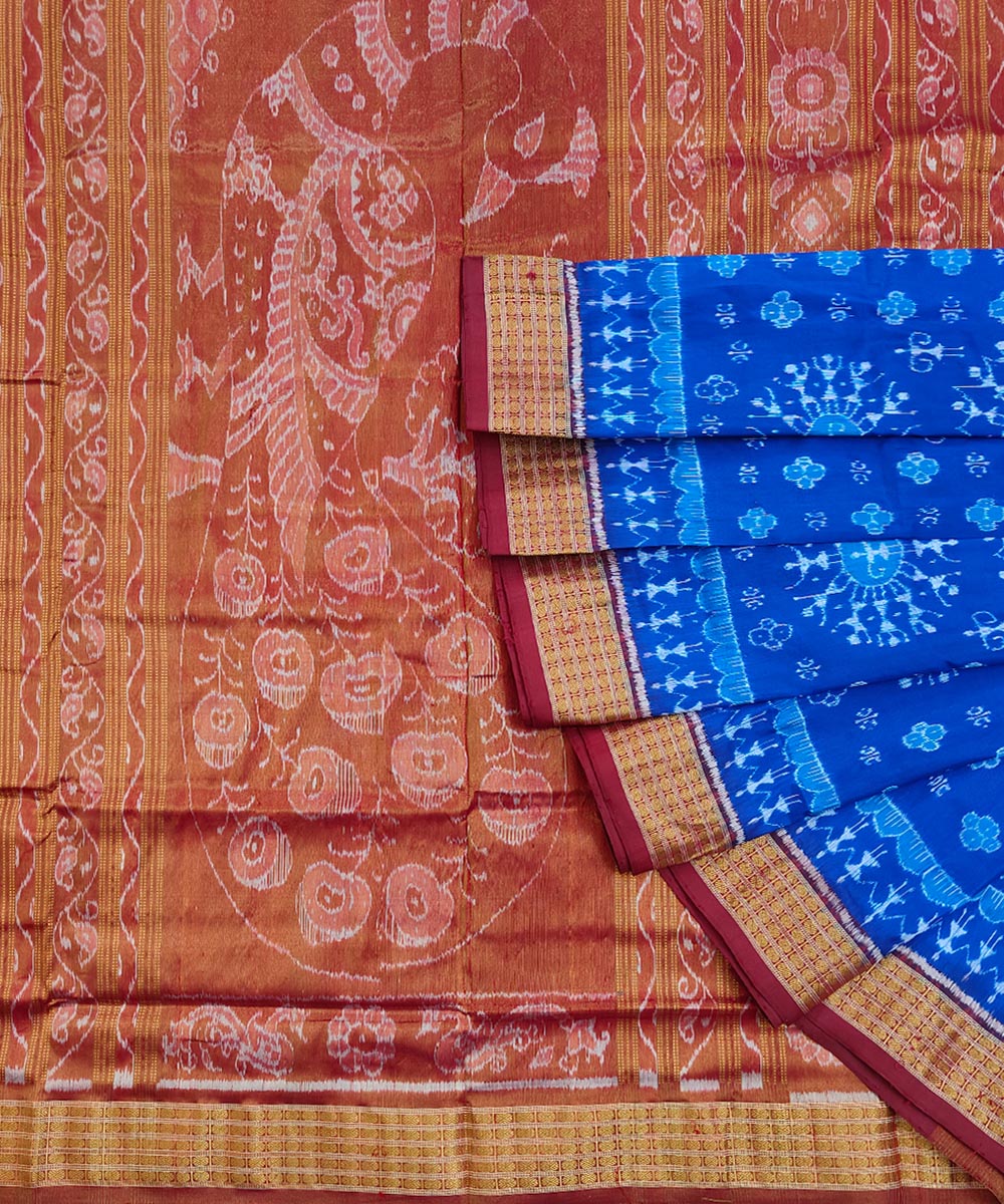 Blue Maroon Sambalpuri Handwoven Silk Saree Image 1