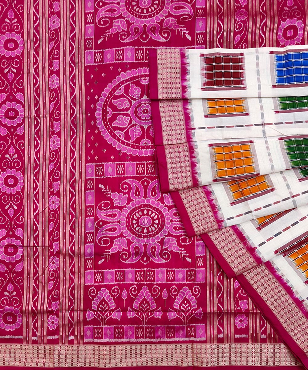 White Maroon Sambalpuri Handwoven Silk Saree Image 1