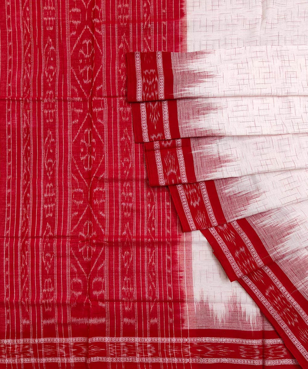 White Red Sambalpuri Handwoven Single Ikat Cotton Saree SFCSAR1785