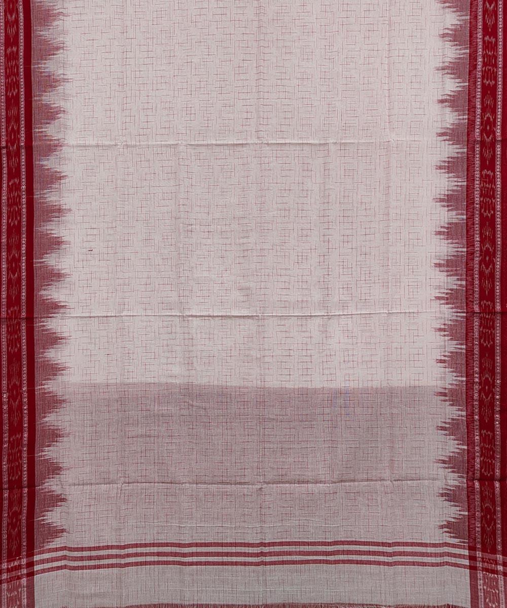 White Red Sambalpuri Handwoven Single Ikat Cotton Saree Image 3