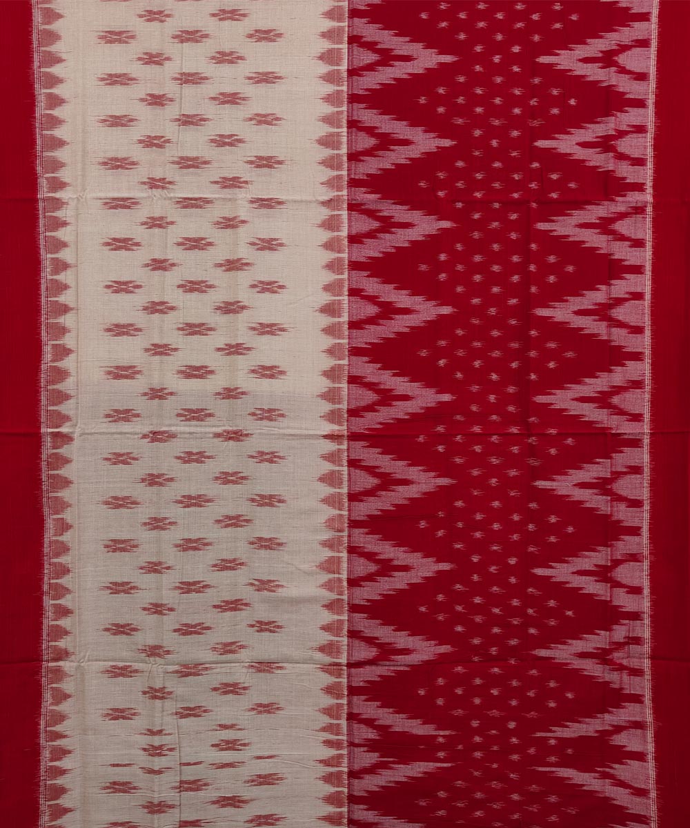 White Red Sambalpuri Handwoven Single Ikat Cotton Saree Image 3