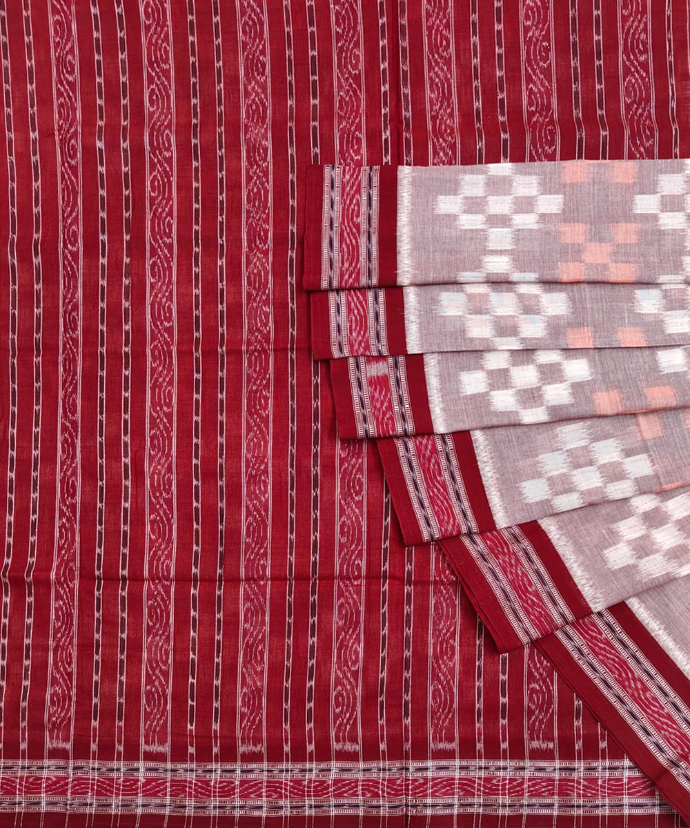 Gray Red Sambalpuri Handwoven Single Ikat Cotton Saree Image 1