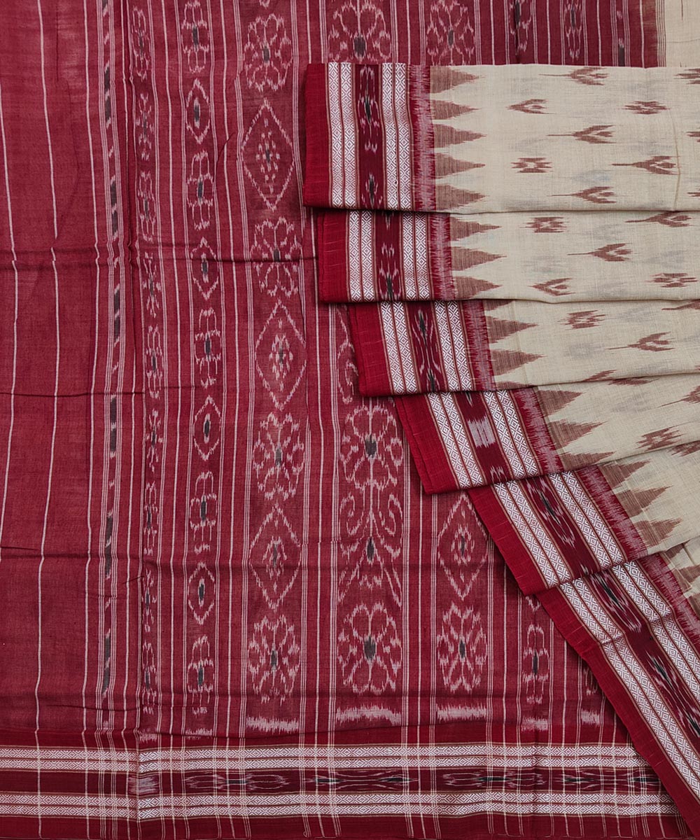 Beige Maroon Sambalpuri Handwoven Single Ikat Cotton Saree Image 1
